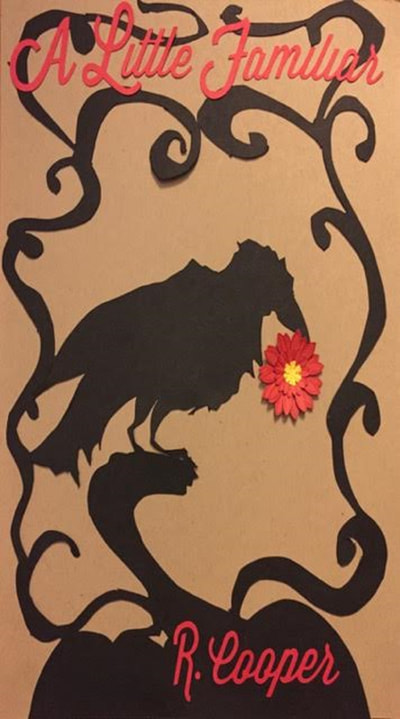 Cover for A Little Familiar. Shows a raven holding a red flower in its beak. 
